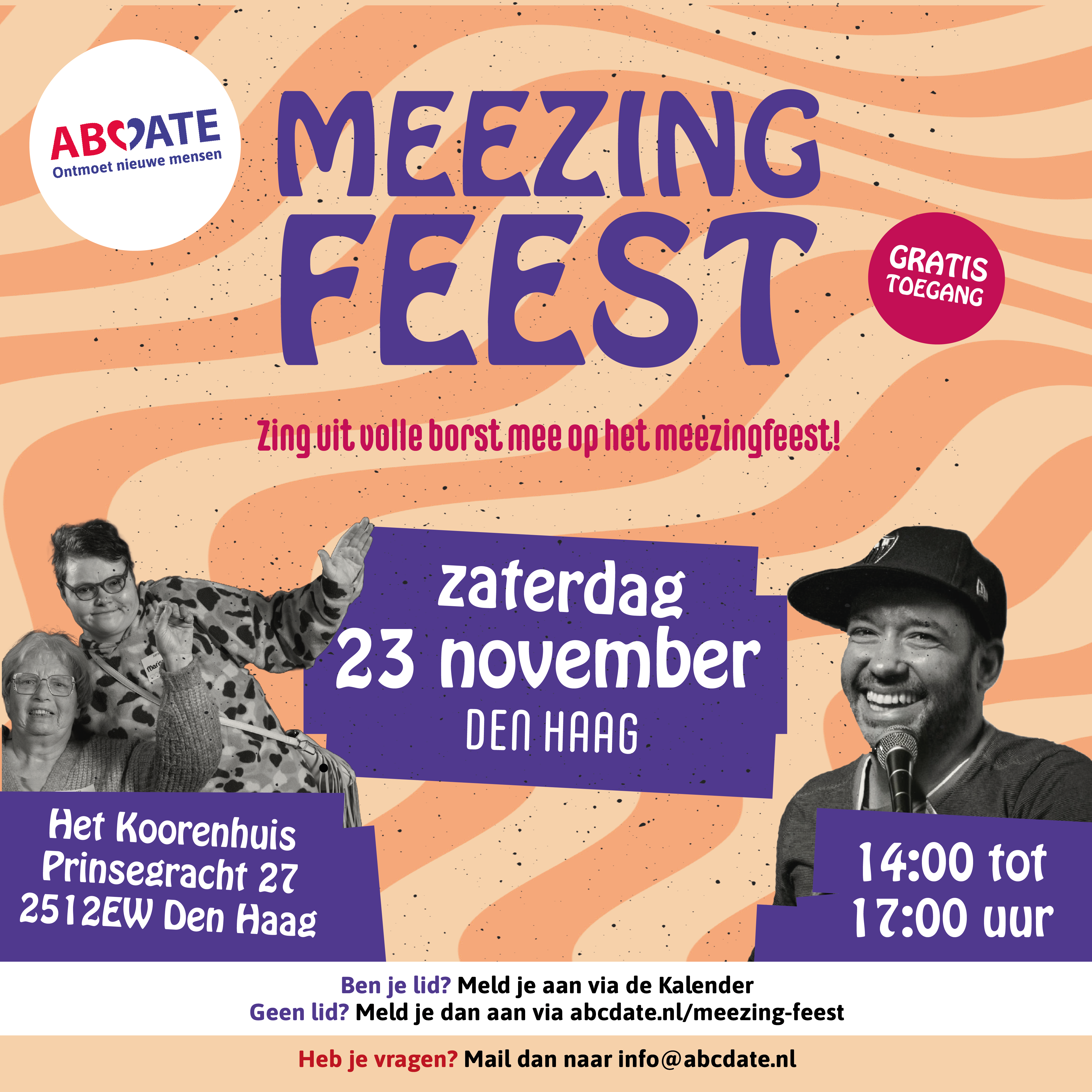 Kom naar het Meezingfeest van ABCDate op 23 november in Den Haag